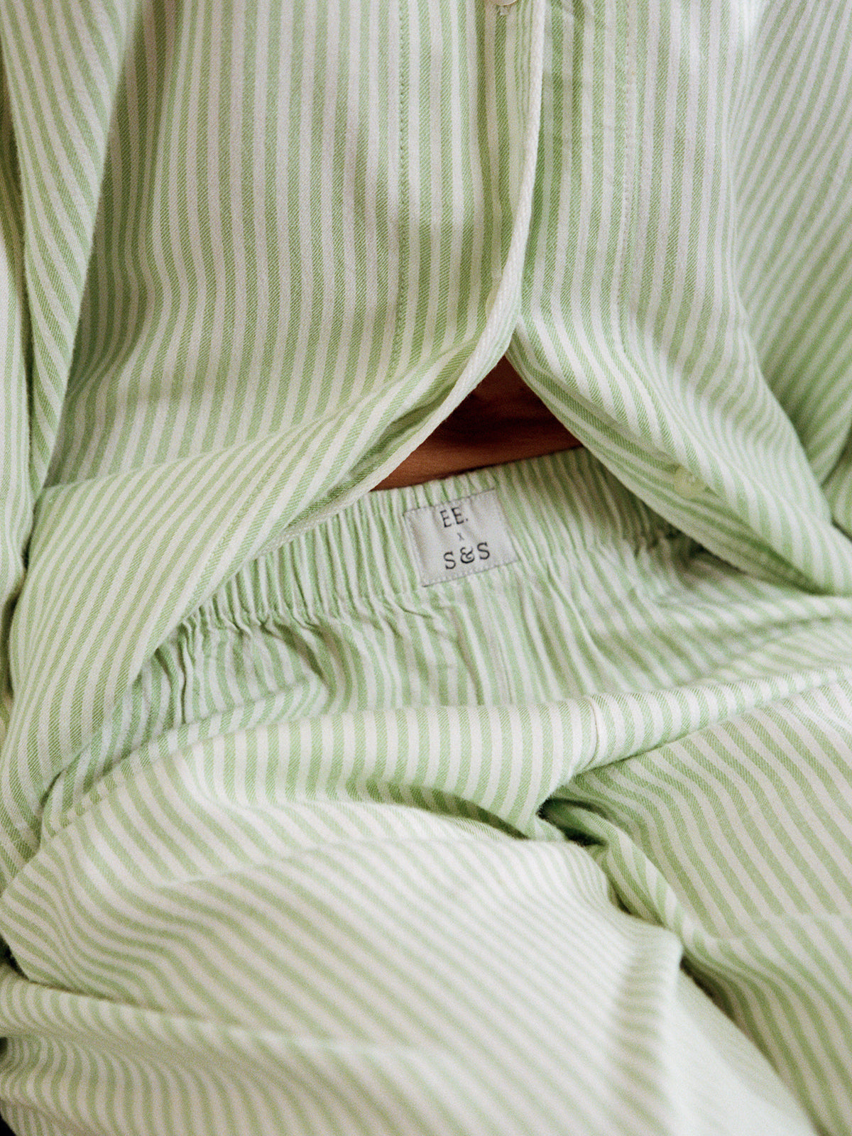 Emily English X S&S Soft Brushed Woven Pyjama Bottoms - Matcha Stripe Anjos & Lourenco