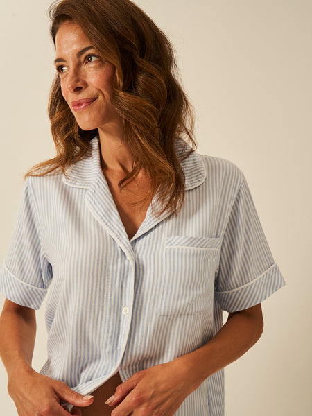 Soft Brushed Woven Short Sleeve Pyjama Top - Blue Stripe Anjos & Lourenco