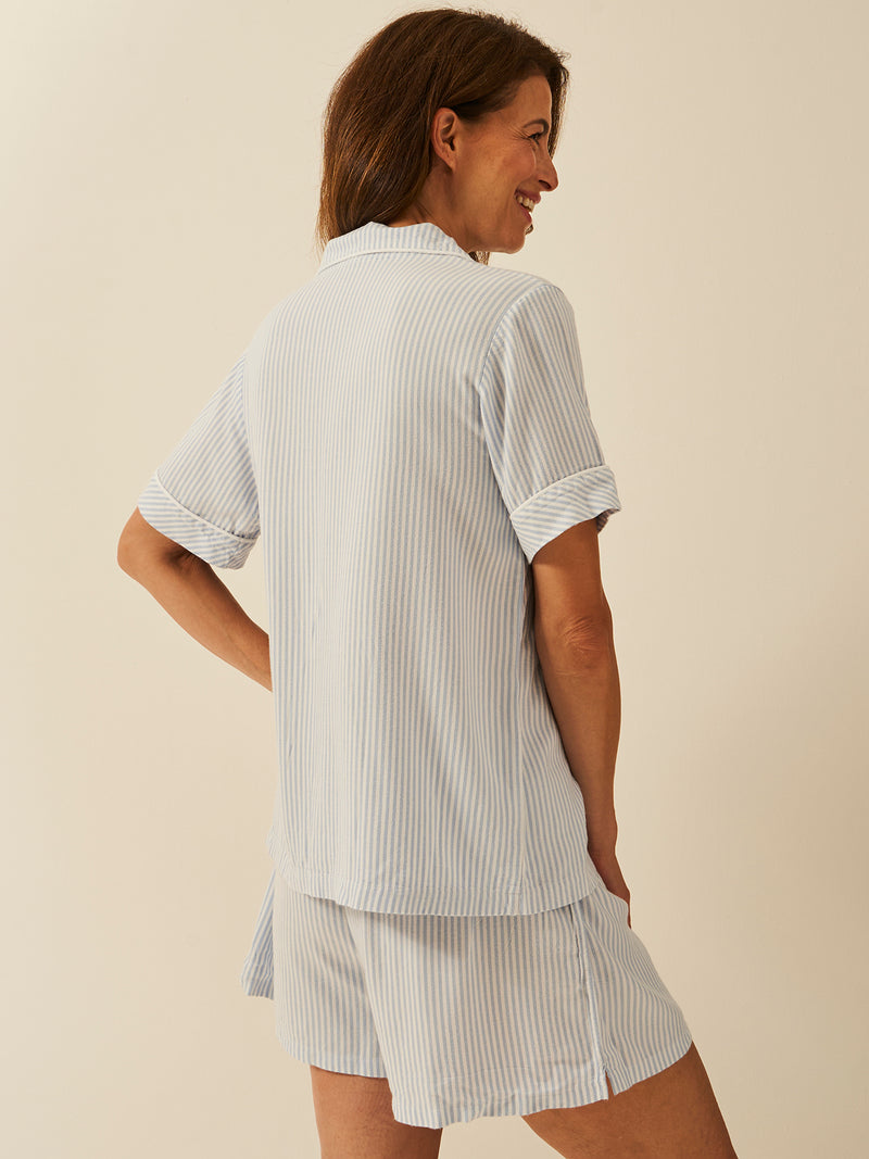Soft Brushed Woven Short Sleeve Pyjama Top - Blue Stripe Anjos & Lourenco