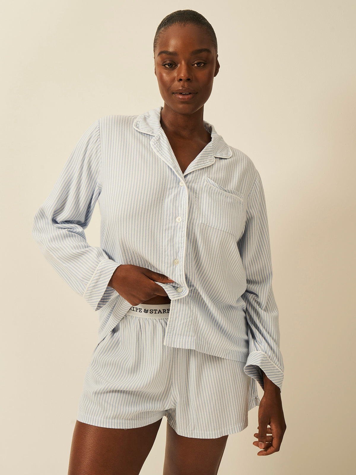 Soft Brushed Woven Pyjama Shorts - Blue Stripe Anjos & Lourenco