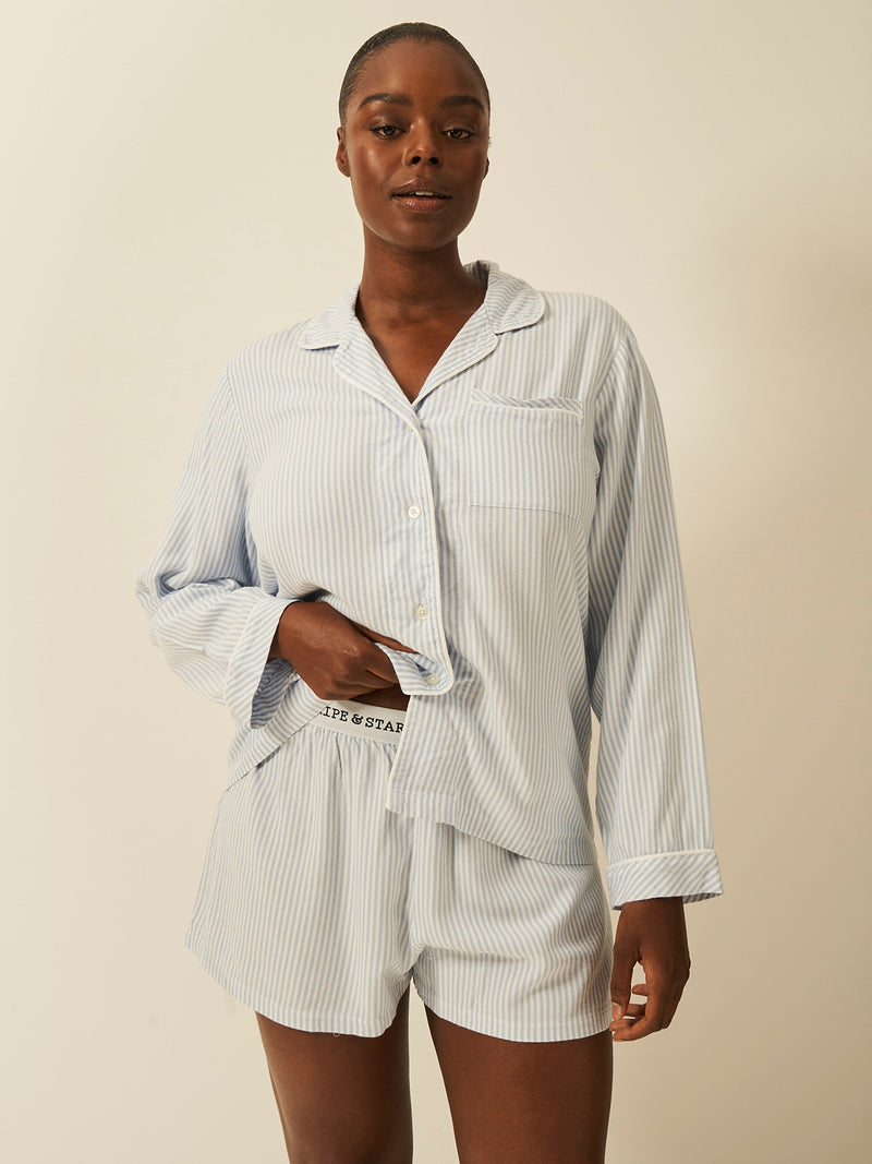 Soft Brushed Woven Pyjama Top - Blue Stripe Anjos & Lourenco