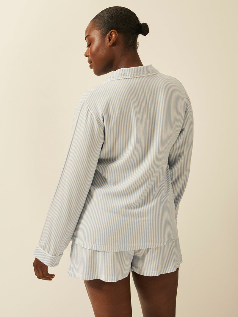 Soft Brushed Woven Pyjama Top - Blue Stripe Anjos & Lourenco