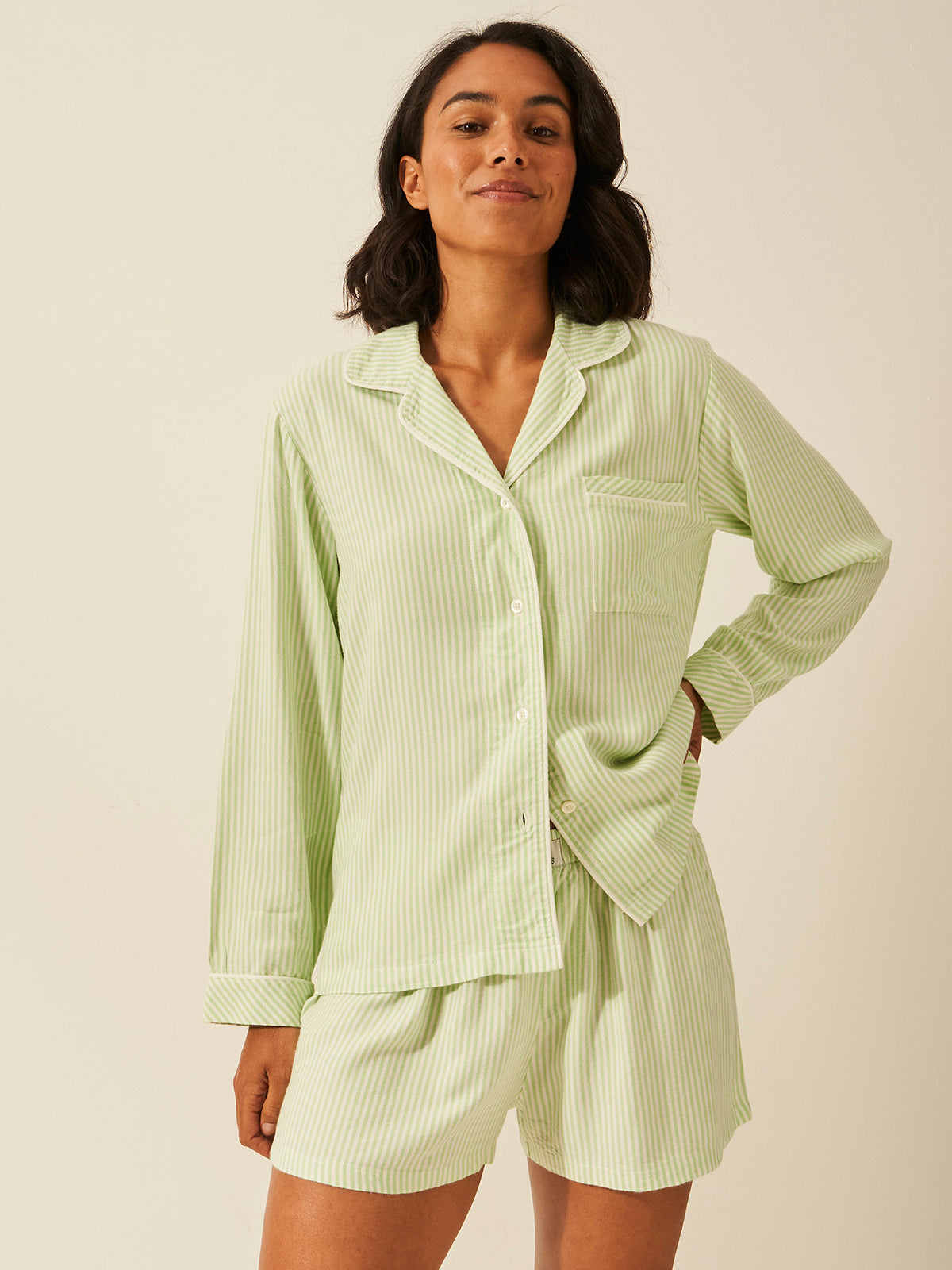 Emily English X S&S Soft Brushed Woven Pyjama Shorts - Matcha Stripe Anjos & Lourenco