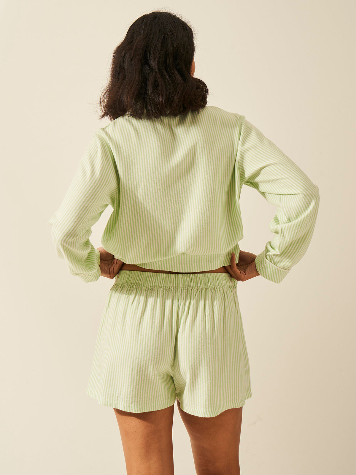 Emily English X S&S Soft Brushed Woven Pyjama Shorts - Matcha Stripe Anjos & Lourenco