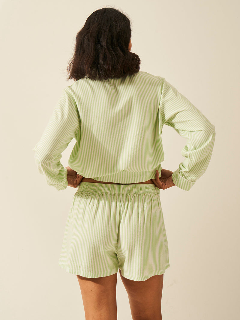 Emily English X S&S Soft Brushed Woven Pyjama Shorts - Matcha Stripe Anjos & Lourenco