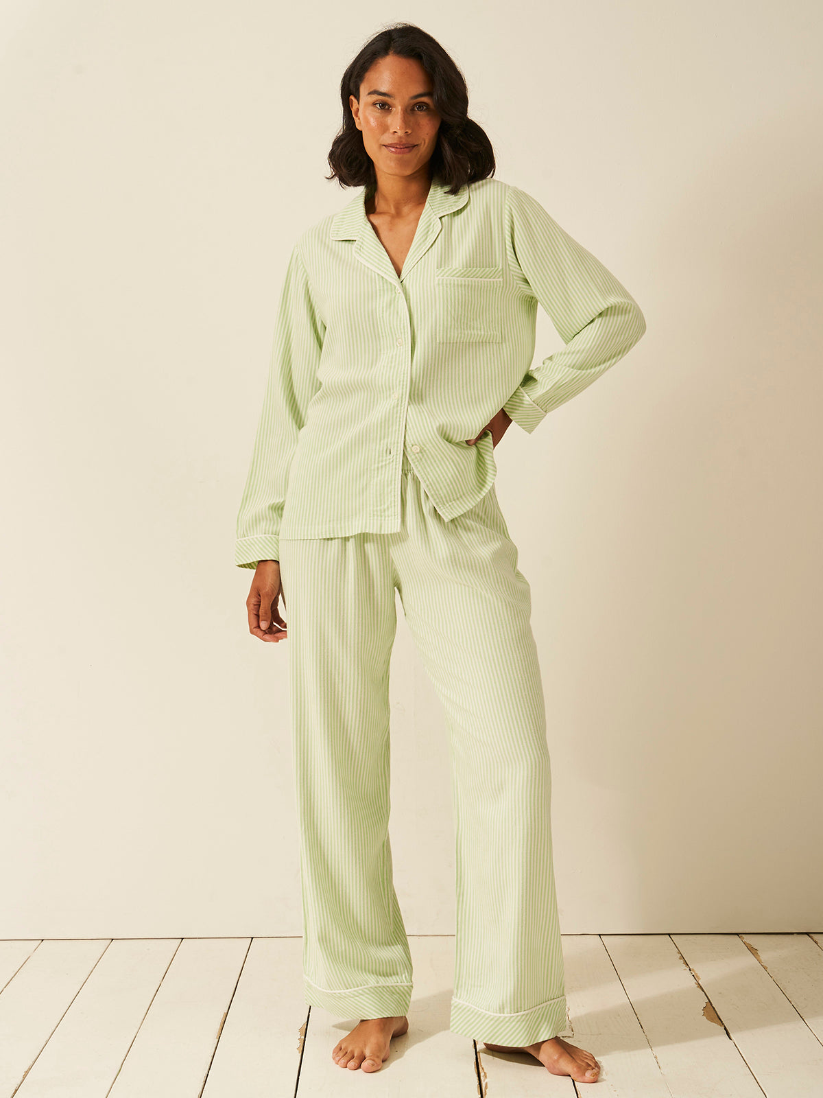 Emily English X S&S Soft Brushed Woven Pyjama Top - Matcha Stripe Anjos & Lourenco