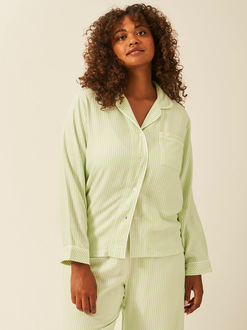 Emily English X S&S Soft Brushed Woven Pyjama Top - Matcha Stripe Anjos & Lourenco