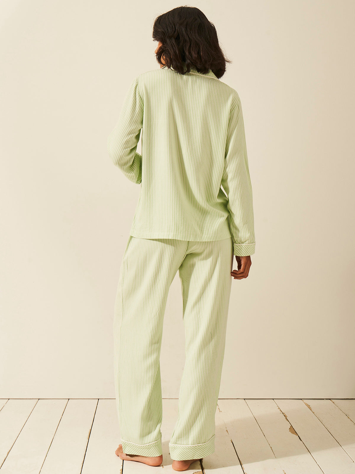 Emily English X S&S Soft Brushed Woven Pyjama Top - Matcha Stripe Anjos & Lourenco