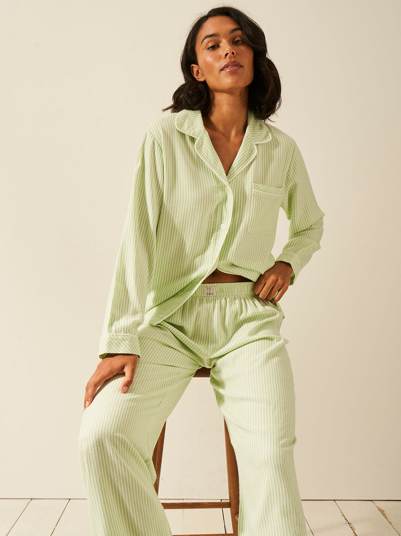 Emily English X S&S Soft Brushed Woven Pyjama Bottoms - Matcha Stripe Anjos & Lourenco