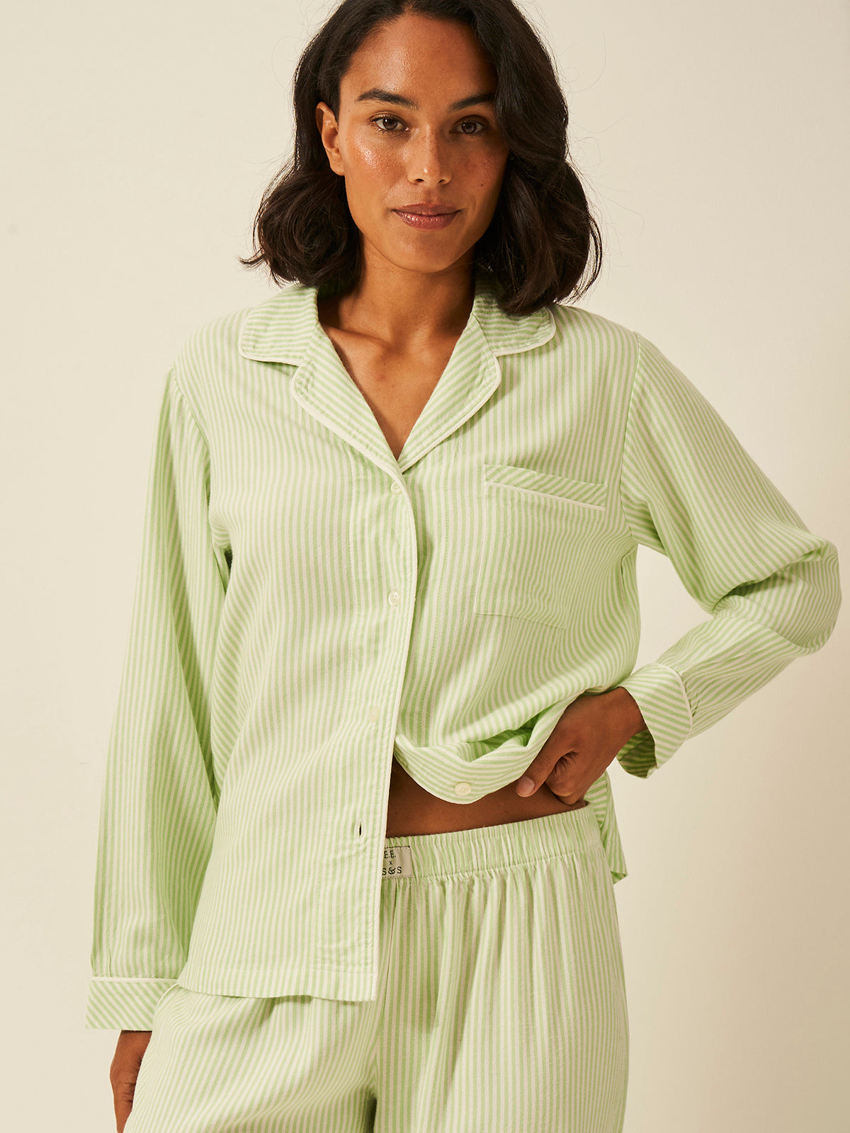 Emily English X S&S Soft Brushed Woven Pyjama Top - Matcha Stripe Anjos & Lourenco
