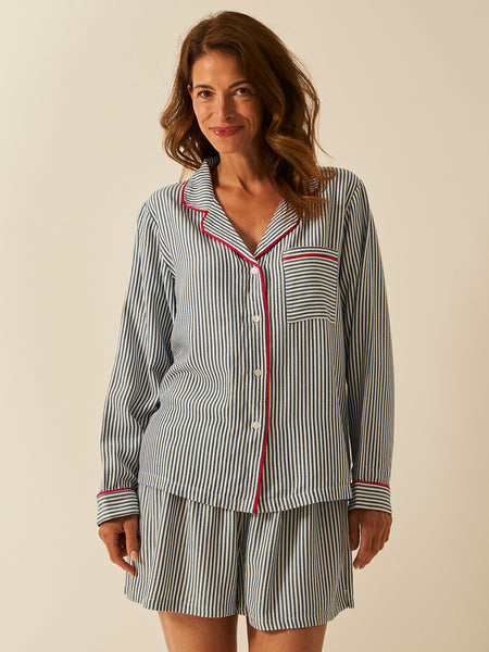 Soft Brushed Woven Pyjama Shorts - Midnight Stripe Anjos & Lourenco