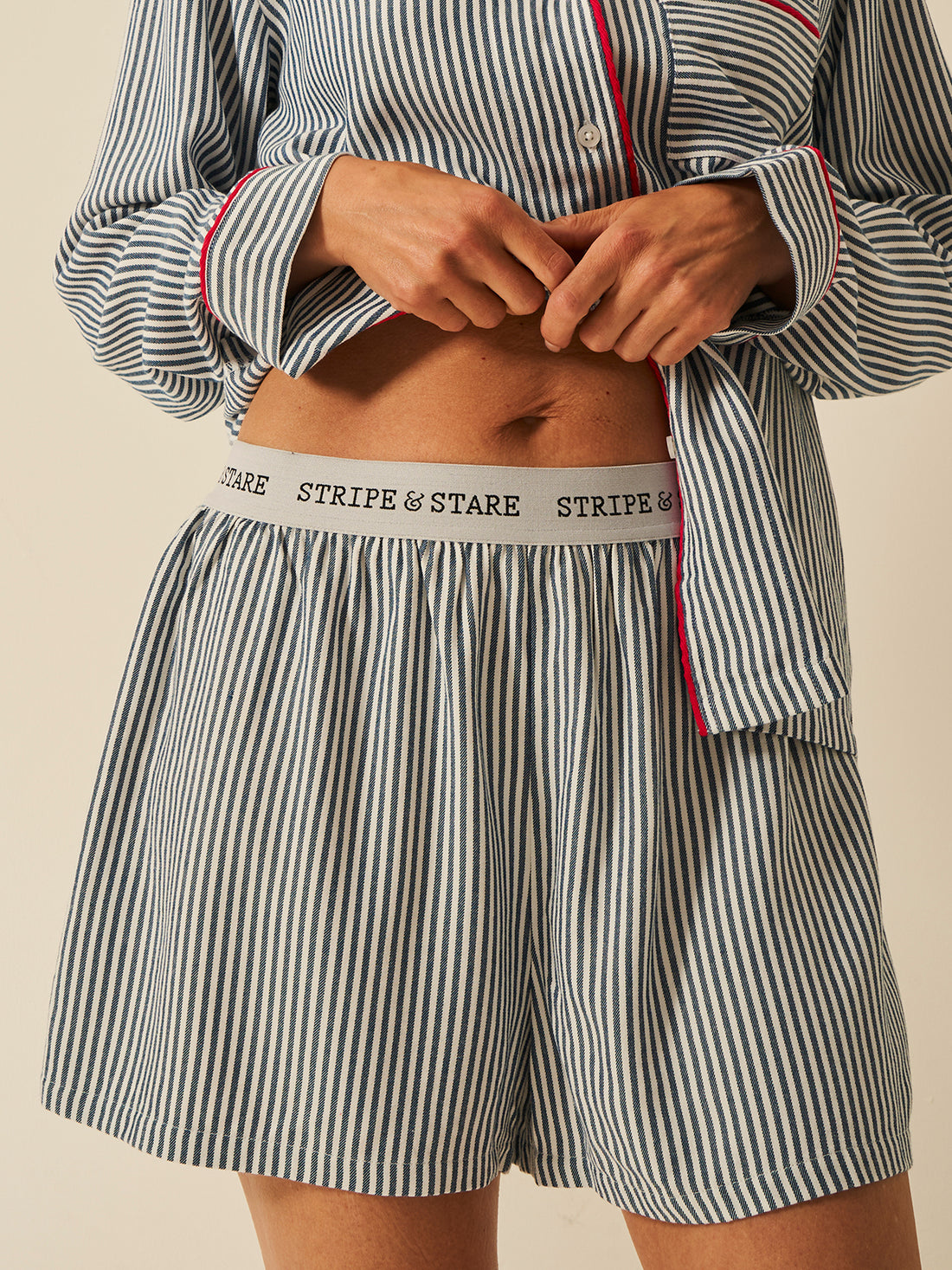 Soft Brushed Woven Pyjama Shorts - Midnight Stripe Anjos & Lourenco