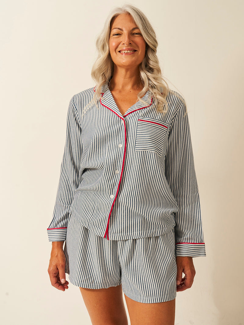 Soft Brushed Woven Pyjama Shorts - Midnight Stripe Anjos & Lourenco