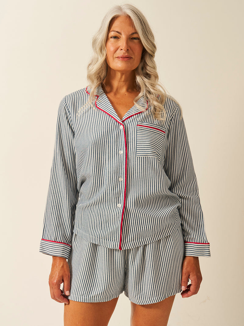 Soft Brushed Woven Pyjama Top - Midnight Stripe Anjos & Lourenco