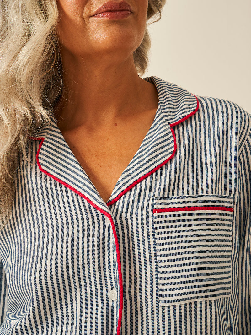 Soft Brushed Woven Pyjama Top - Midnight Stripe Anjos & Lourenco