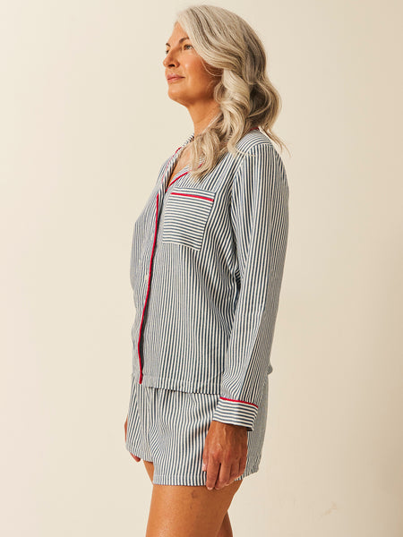 Soft Brushed Woven Pyjama Top - Midnight Stripe Anjos & Lourenco