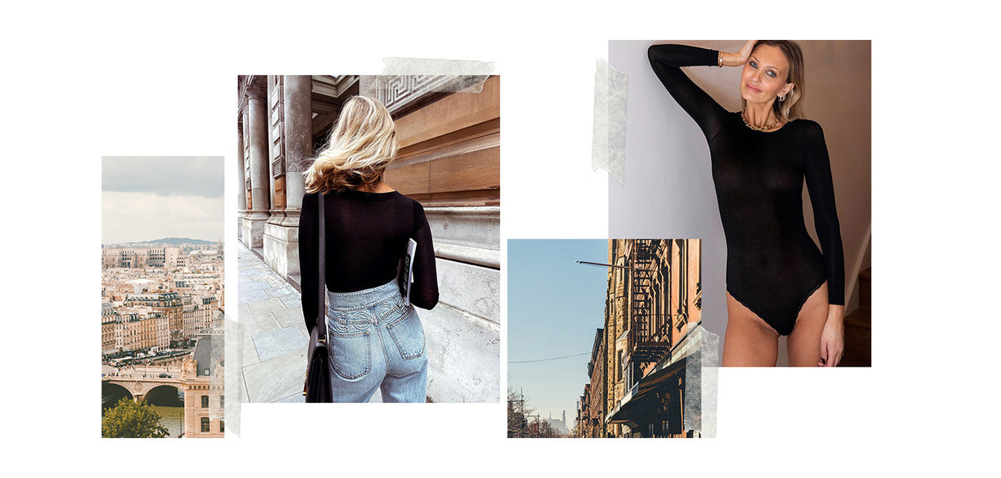 collage cityscape and bodysuit model
