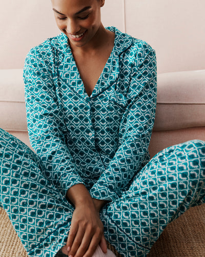 Long Pyjama Set - Teal Floral Tile Stripe & Stare