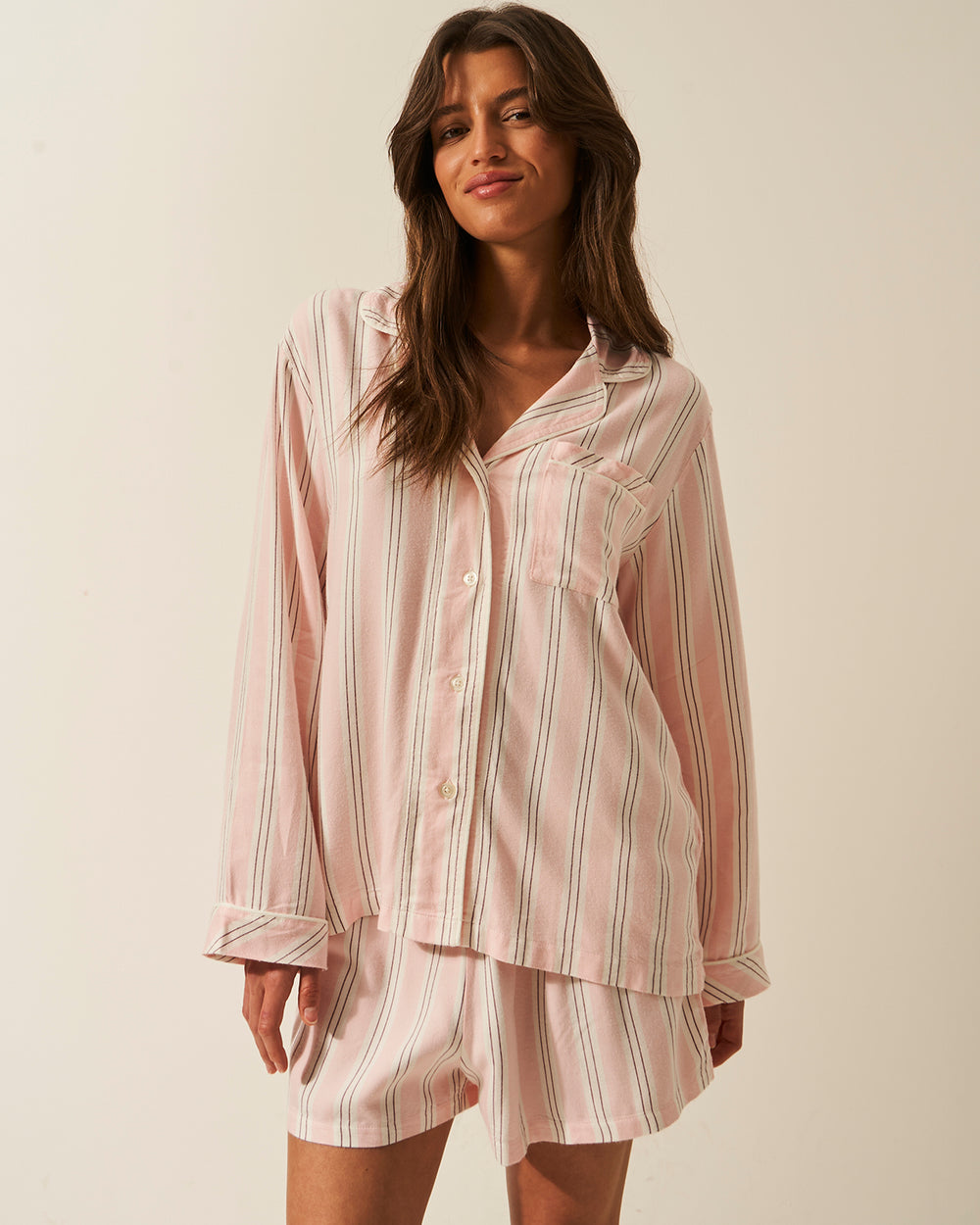 Soft Brushed Woven Pyjama Top - Barneby Gates Pink Stripe & Stare