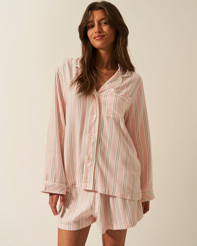 Soft Brushed Woven Pyjama Top - Barneby Gates Pink Stripe & Stare