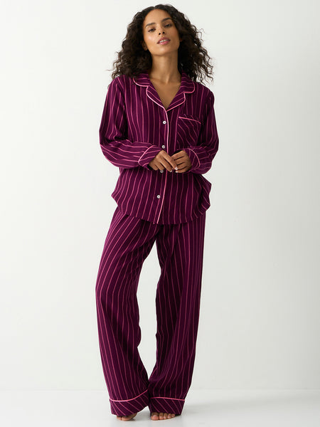 Soft Brushed Woven Pyjama Top - Black Cherry & Pink Pop Stripe