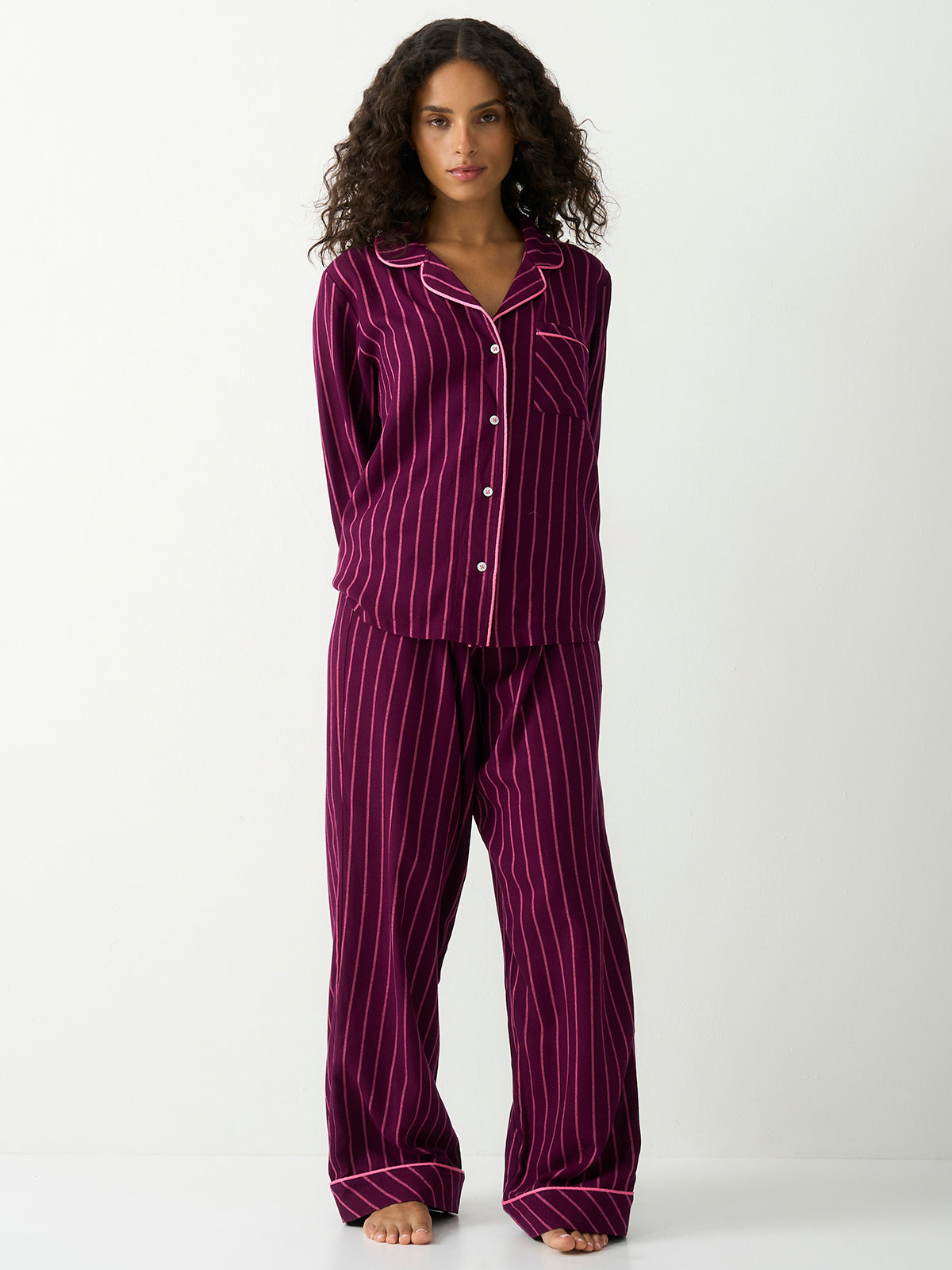 Soft Brushed Woven Pyjama Bottoms - Black Cherry & Pink Pop Stripe