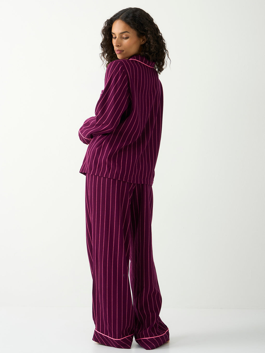 Soft Brushed Woven Pyjama Top - Black Cherry & Pink Pop Stripe