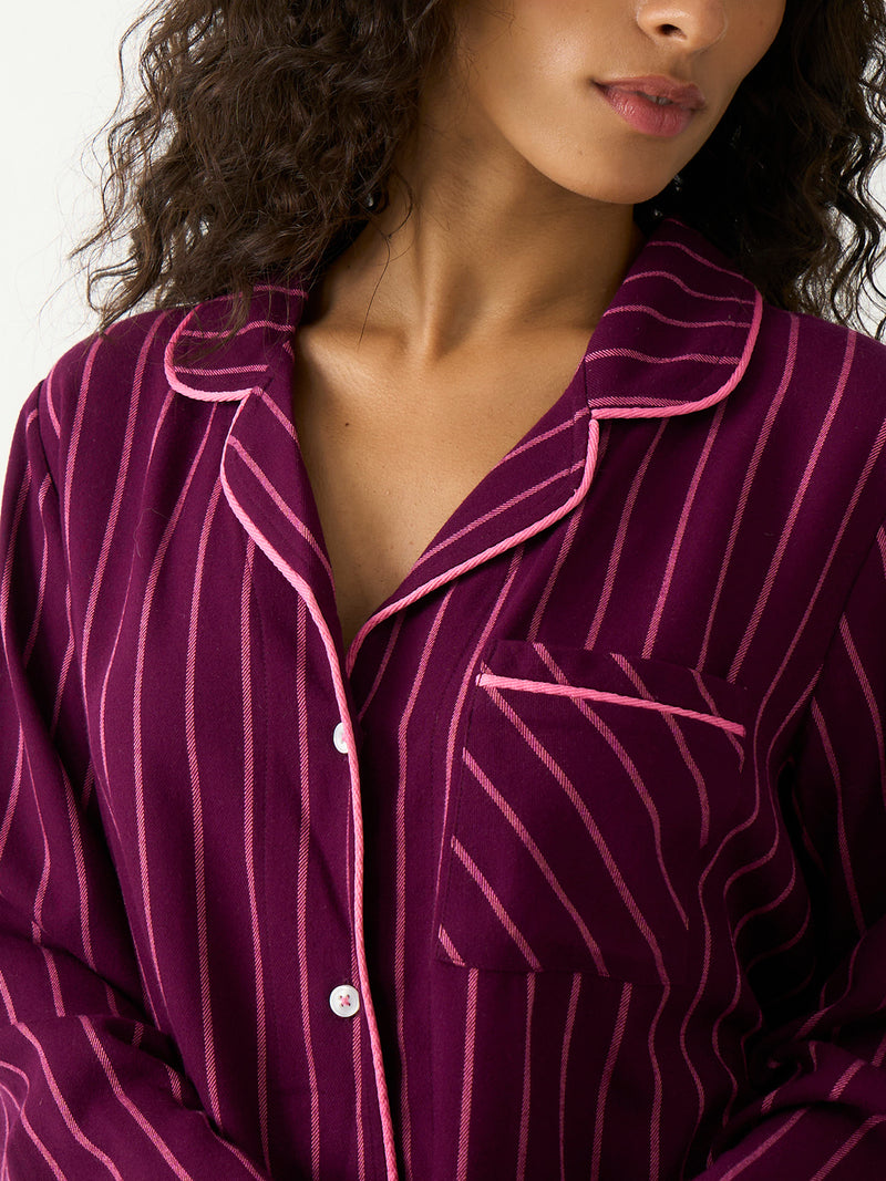 Soft Brushed Woven Pyjama Top - Black Cherry & Pink Pop Stripe
