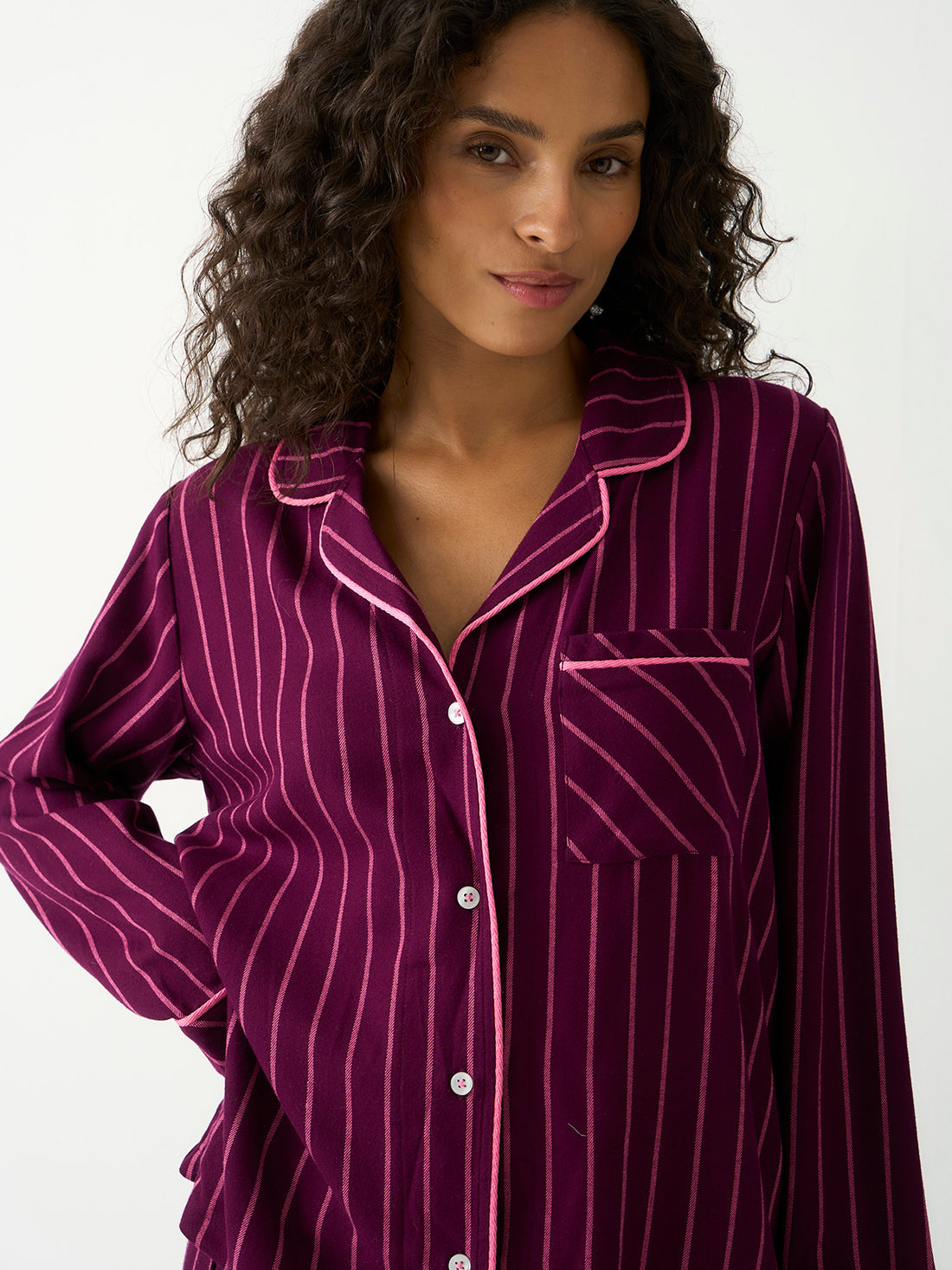 Soft Brushed Woven Pyjama Top - Black Cherry & Pink Pop Stripe