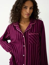 Soft Brushed Woven Pyjama Top - Black Cherry & Pink Pop Stripe