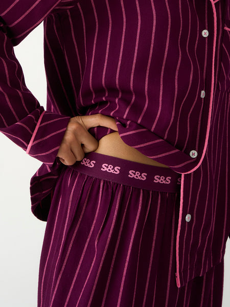 Soft Brushed Woven Pyjama Bottoms - Black Cherry & Pink Pop Stripe