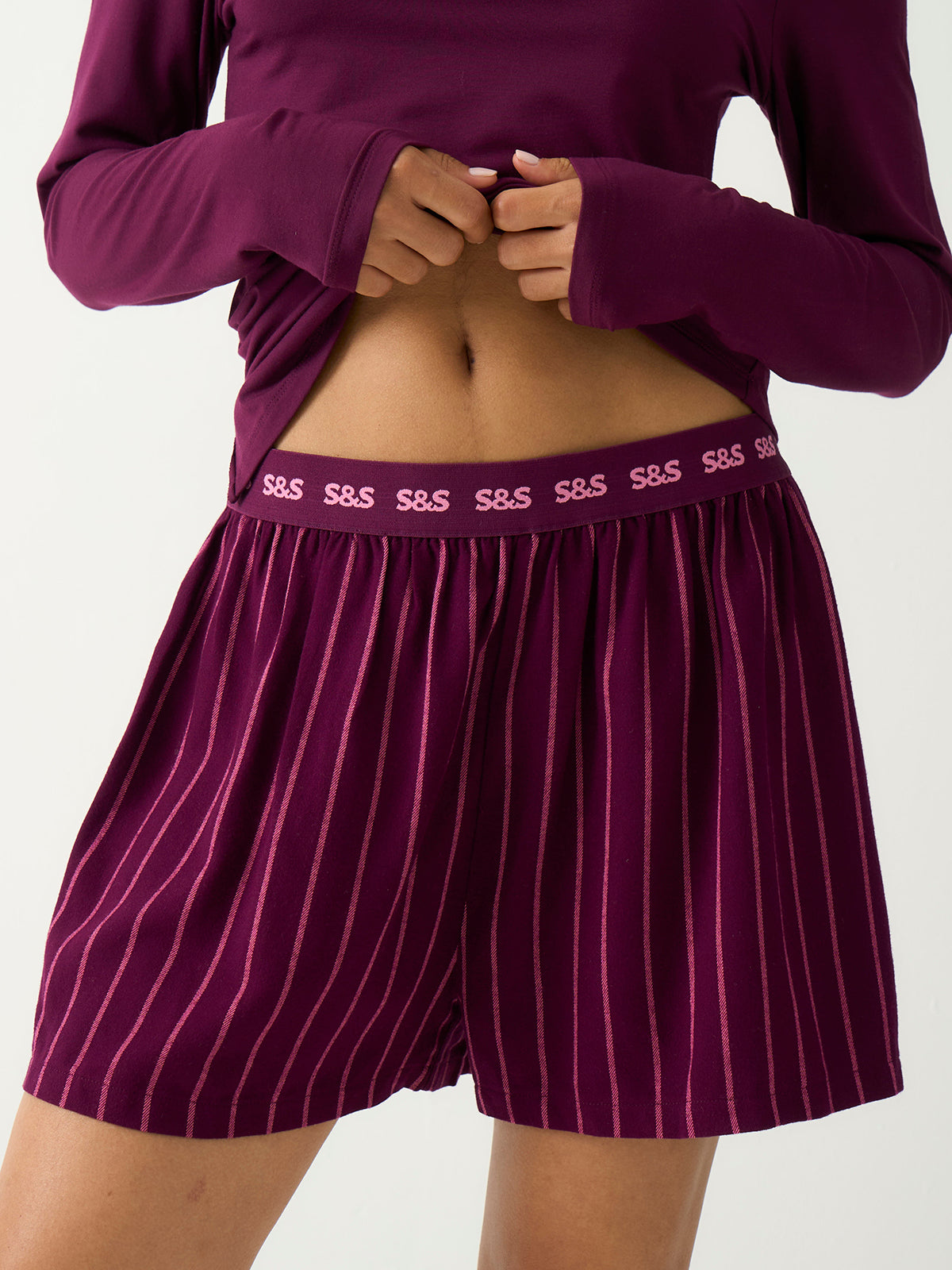 Soft Brushed Woven Pyjama Shorts - Black Cherry & Pink Pop Stripe