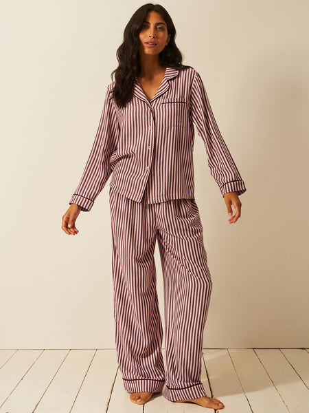 Soft Brushed Woven Pyjama Top - Noir Nights & Pink Stripe