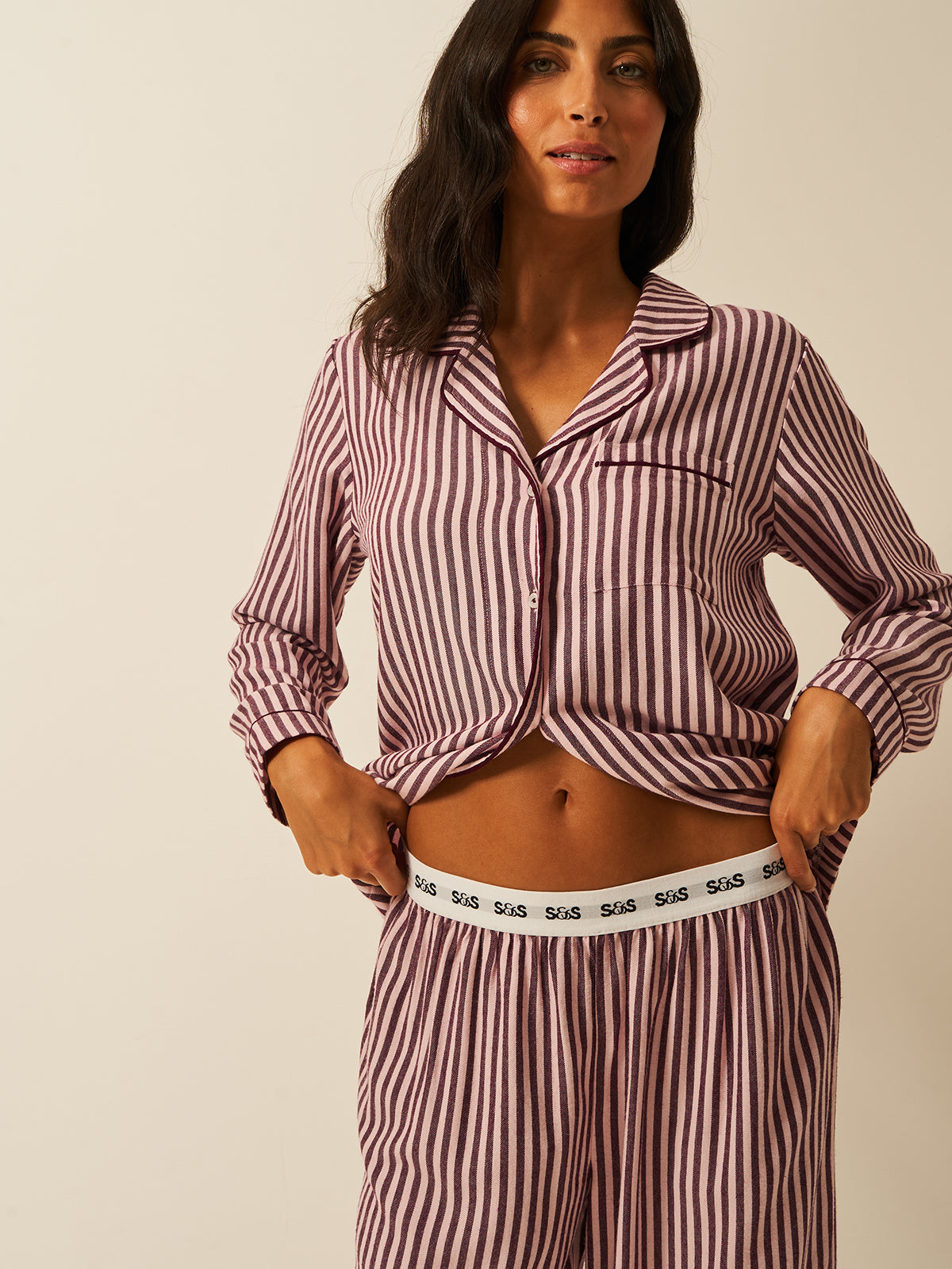 Soft Brushed Woven Pyjama Bottoms - Noir Nights & Pink Stripe