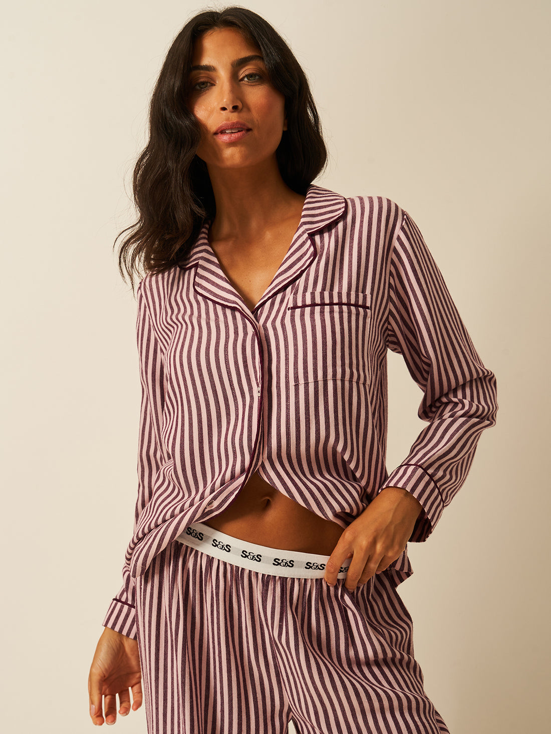 Soft Brushed Woven Pyjama Top - Noir Nights & Pink Stripe