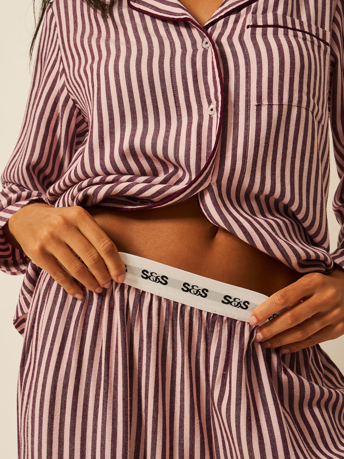 Soft Brushed Woven Pyjama Top - Noir Nights & Pink Stripe