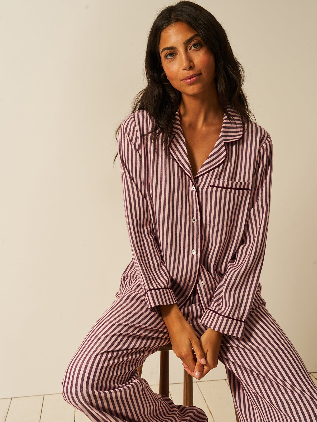 Soft Brushed Woven Pyjama Top - Noir Nights & Pink Stripe