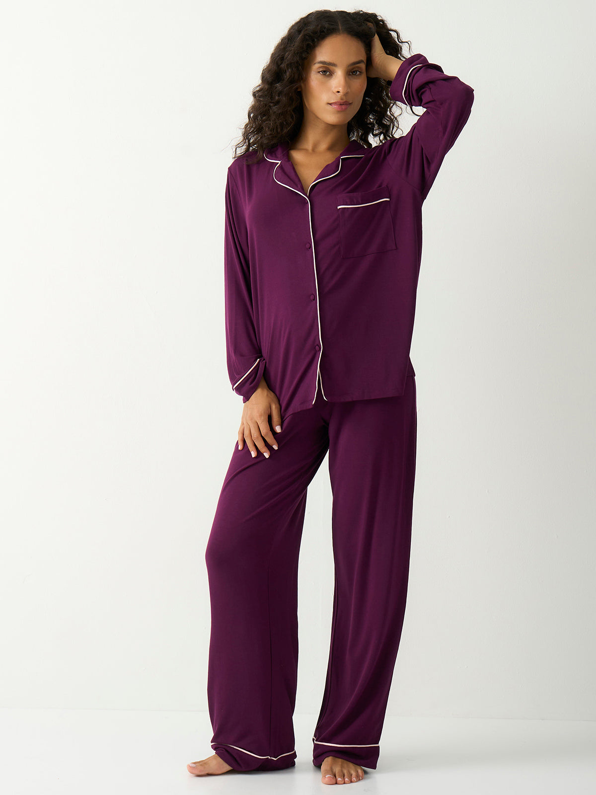 Long Pyjama Set - Black Cherry & Pale Pink