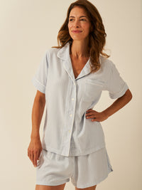 Soft Brushed Woven Short Sleeve Pyjama Top - Blue Stripe Anjos & Lourenco