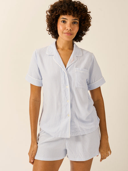 Soft Brushed Woven Short Sleeve Pyjama Top - Blue Stripe