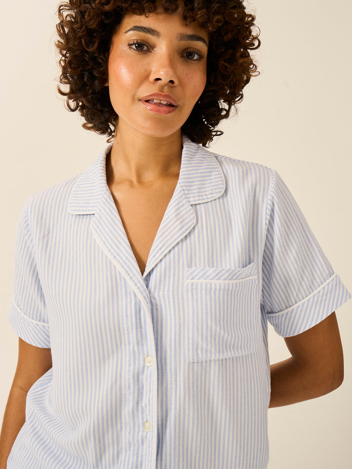 Soft Brushed Woven Short Sleeve Pyjama Top Stripe