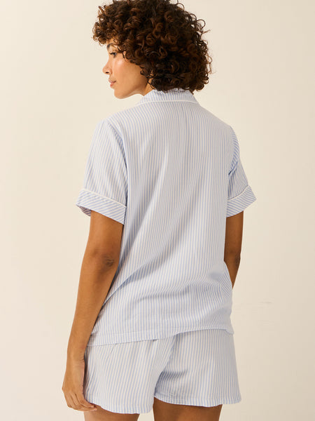 Soft Brushed Woven Short Sleeve Pyjama Top - Blue Stripe