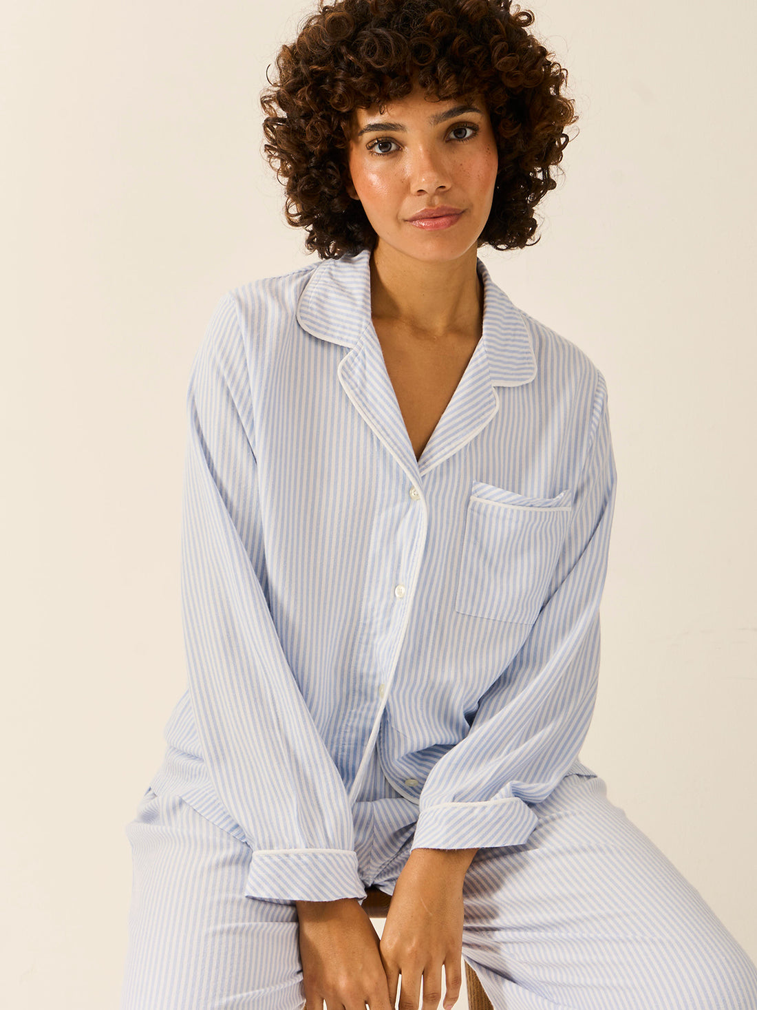 Soft Brushed Woven Pyjama Top - Blue Stripe