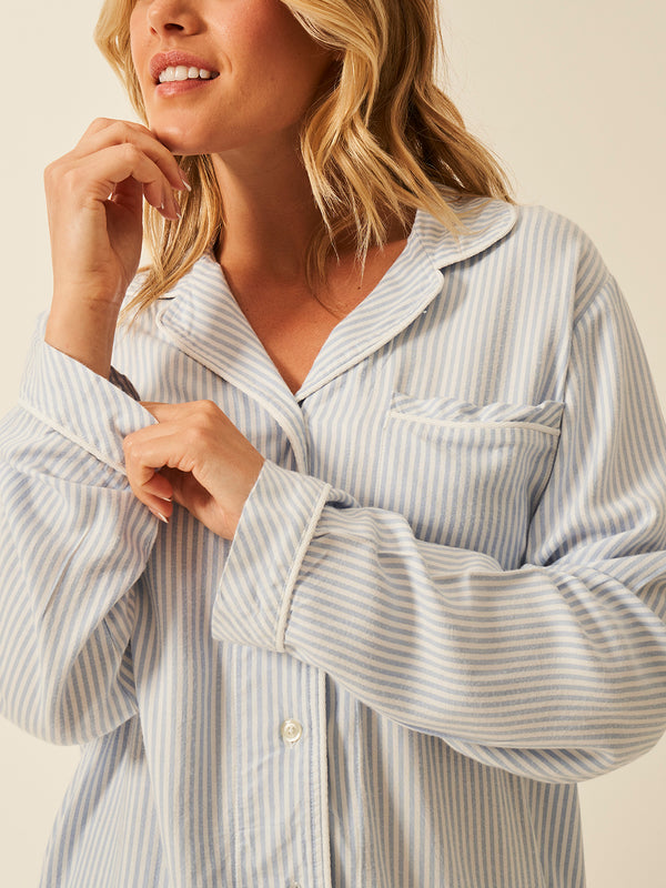 Soft Brushed Woven Pyjama Top - Blue Stripe Anjos & Lourenco