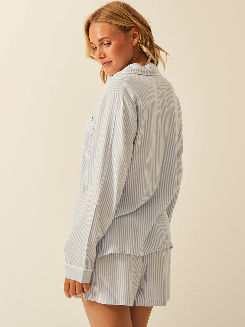 Soft Brushed Woven Pyjama Top - Blue Stripe Anjos & Lourenco