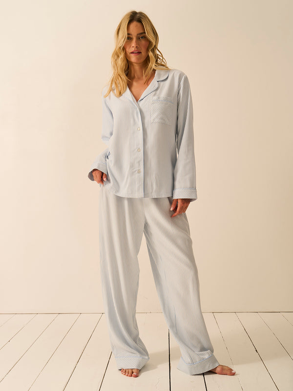 Soft Brushed Woven Pyjama Top - Blue Mini Stripe