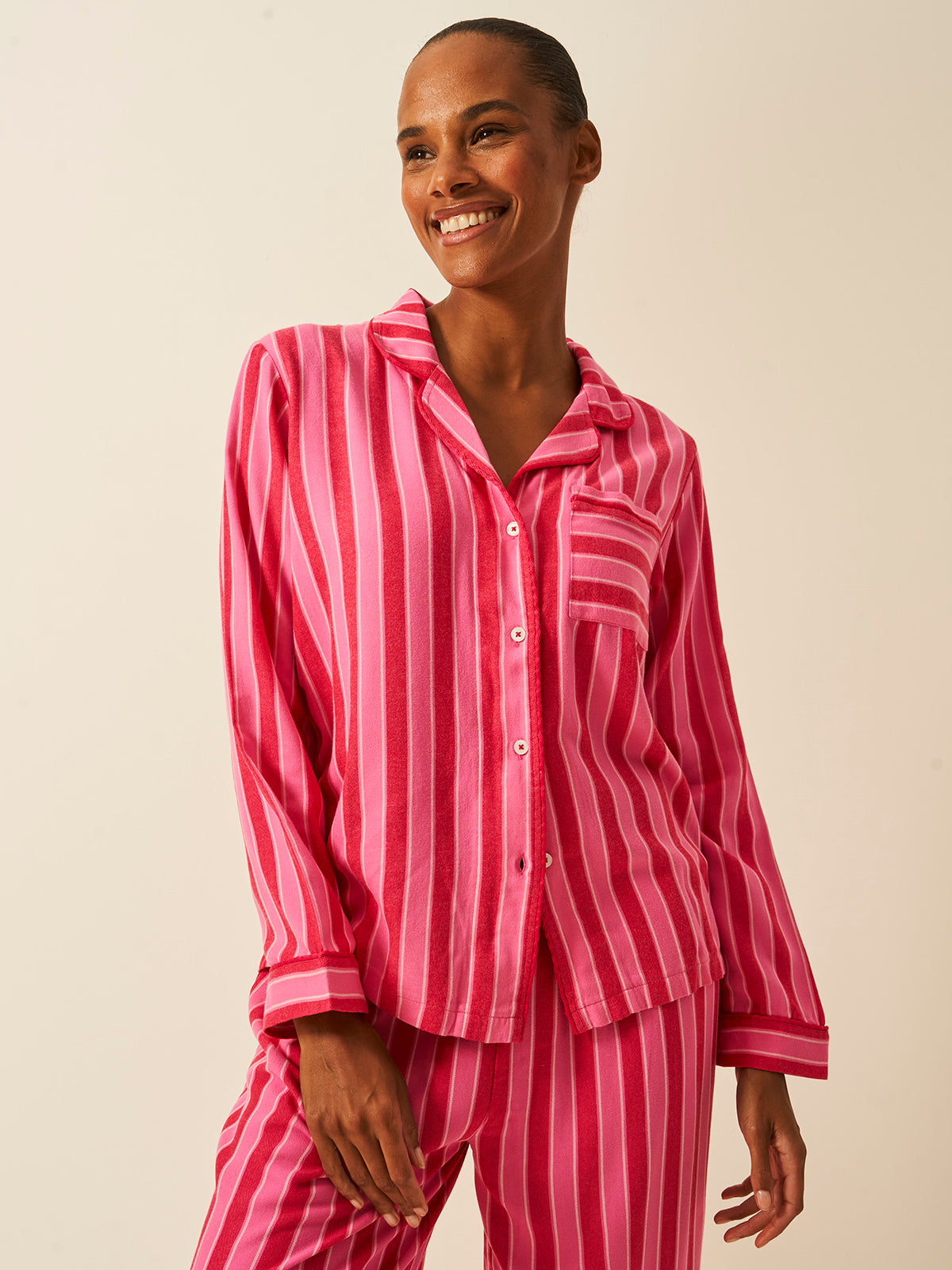 Soft Brushed Woven Pyjama Top Candy Pop Stripe