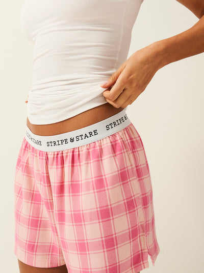 Soft Brushed Woven Pyjama Shorts - Pink Check Stripe & Stare