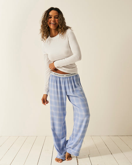 Soft Brushed Woven Pyjama Bottoms - Blue Check Anjos & Lourenco