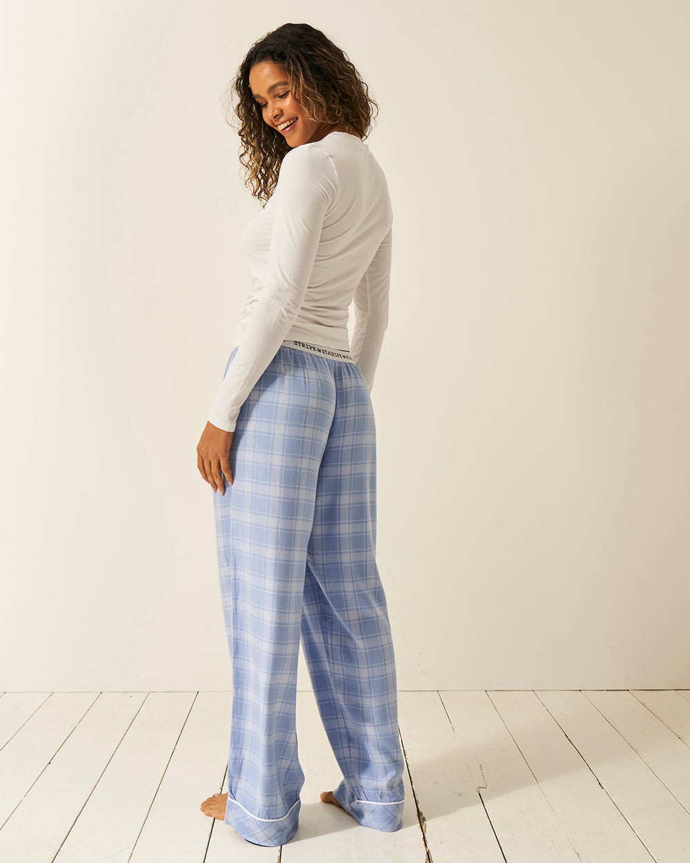 Soft Brushed Woven Pyjama Bottoms - Blue Check Stripe & Stare